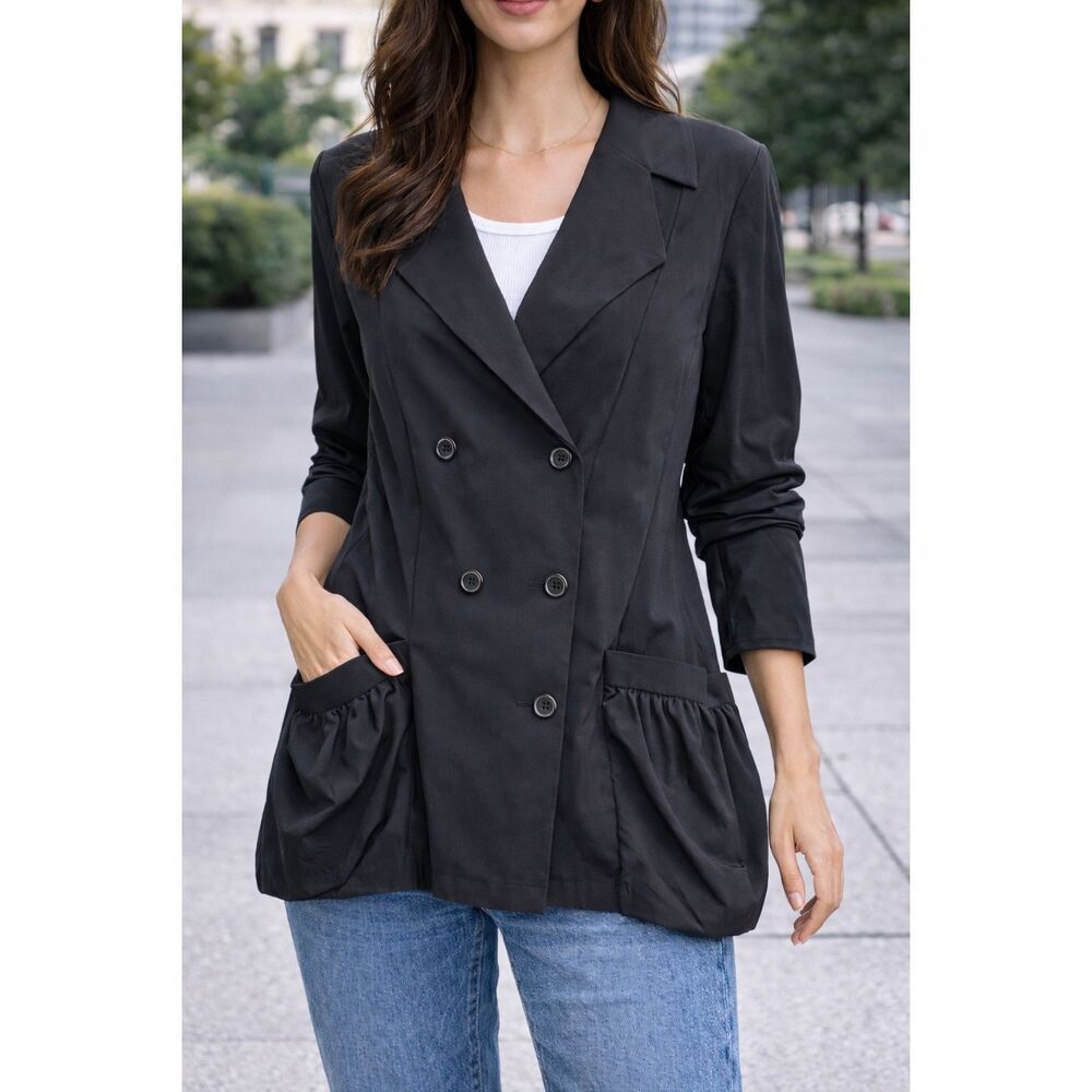 Cut Loose Black Boho Blazer XL Double Breasted Lightweight Stretch Jacket Chic